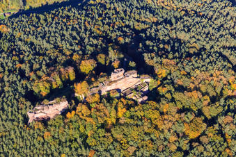 Aerial photograpy of Drachenfels Castle Ruins in Busenberg in the state Rhineland-Palatinate, Germany
