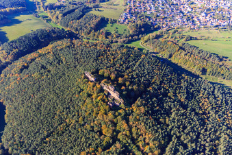 Drachenfels Castle Ruins in Busenberg in the state Rhineland-Palatinate, Germany from above