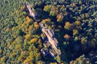 Drachenfels Castle Ruins in Busenberg in the state Rhineland-Palatinate, Germany out of the air