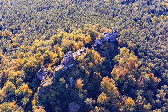 Drachenfels Castle Ruins in Busenberg in the state Rhineland-Palatinate, Germany seen from above