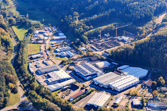 Industrial area Industriestraße from the north with Frank Handels-GmbH & Co. KG, Manfred Leidner natural stone trade and crane rental in Dahn in the state Rhineland-Palatinate, Germany