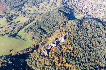 Aerial view of Altdahn and Neudahn Castles in Dahn in the state Rhineland-Palatinate, Germany