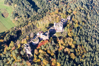 Oblique view of Altdahn and Neudahn Castles in Dahn in the state Rhineland-Palatinate, Germany