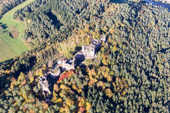 Altdahn and Neudahn Castles in Dahn in the state Rhineland-Palatinate, Germany from above