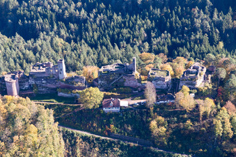 Altdahn and Neudahn Castles in Dahn in the state Rhineland-Palatinate, Germany seen from above