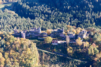 Altdahn and Neudahn Castles in Dahn in the state Rhineland-Palatinate, Germany from the plane