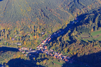Village view in the Palatinate Forest from the west in Dimbach in the state Rhineland-Palatinate, Germany