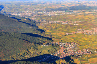 Wine-growing villages on the edge of the Haardt from the southwest, view to Neustadt in the district SaintMartin in Sankt Martin in the state Rhineland-Palatinate, Germany