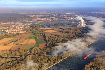 Mouth of the Michelsbach into the Rhine under clouds from the south in Germersheim in the state Rhineland-Palatinate, Germany