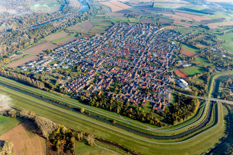 Oblique view of Village view in the district Russheim in Dettenheim in the state Baden-Wurttemberg, Germany