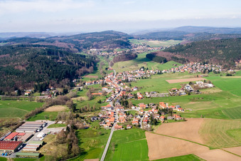 Town View of the streets and houses of the residential areas in the district Affolterbach in Wald-Michelbach in the state Hesse seen from above