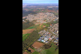City view from the southeast beyond the industrial area Industriestr in Sandhausen in the state Baden-Wuerttemberg, Germany