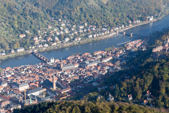 Aerial photograpy of Old town, Old Bridge over the Neckar, Castle in the district Kernaltstadt in Heidelberg in the state Baden-Wuerttemberg, Germany