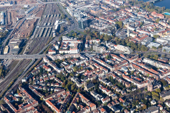 Aerial view of Main station in the district Weststadt in Heidelberg in the state Baden-Wuerttemberg, Germany