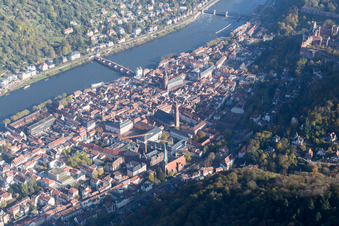 Aerial view of Jesuit Church and Holy Spirit Church in the Old Town in the district Kernaltstadt in Heidelberg in the state Baden-Wuerttemberg, Germany