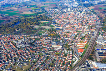 Castle park, Markgrafenstraße and railway line in Schwetzingen in the state Baden-Wuerttemberg, Germany