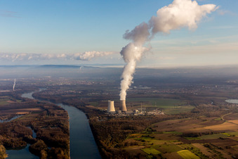 Aerial photograpy of Clouds over the cooling tower of the NPP nuclear power plant of EnBW Kernkraft GmbH, Kernkraftwerk Philippsburg on an Island in the river rhine in Philippsburg in the state Baden-Wurttemberg, Germany