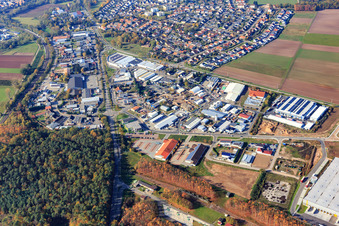 Waldstückerring industrial estate with Deutsche Post DHL delivery center and Elektro-Lutz GmbH in Bellheim in the state Rhineland-Palatinate, Germany