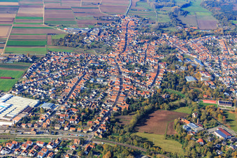 Aerial view of Overview of the town from the east in Bellheim in the state Rhineland-Palatinate, Germany