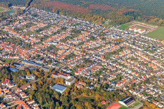 Schulstraße from the east with Spiegelbachhalle, Realschule plus and primary school Bellheim in Bellheim in the state Rhineland-Palatinate, Germany