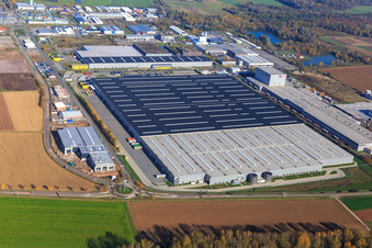 Interpark industrial area with construction site for the new Südpfalzwerkstatt and Mercedes-Benz logistics center in Offenbach an der Queich in the state Rhineland-Palatinate, Germany