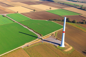 Aerial photograpy of Construction site for a mast of a wind turbine of the EnBW wind farm Freckenfeld - for a wind turbine with 6 wind turbines in Freckenfeld in the state Rhineland-Palatinate, Germany