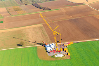 Construction site for a mast of a wind turbine of the EnBW wind farm Freckenfeld - for a wind turbine with 6 wind turbines in Freckenfeld in the state Rhineland-Palatinate, Germany from above