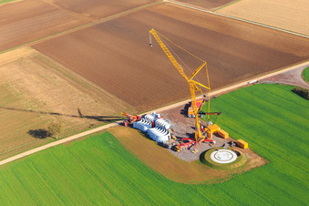 Construction site for a mast of a wind turbine of the EnBW wind farm Freckenfeld - for a wind turbine with 6 wind turbines in Freckenfeld in the state Rhineland-Palatinate, Germany seen from above