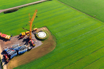 Construction site with prefabricated parts for the mast of a wind turbine of the EnBW wind farm Freckenfeld - for a wind turbine with 6 wind turbines in Freckenfeld in the state Rhineland-Palatinate, Germany