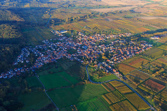 Aerial view of Wine-growing village from the west between autumn-colored vineyards in Oberotterbach in the state Rhineland-Palatinate, Germany