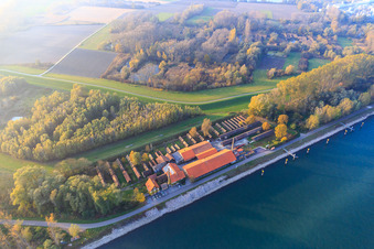Sondernheim Brickworks Museum and Rhine Cycle Route rest area on the Rhine dam in Germersheim in the state Rhineland-Palatinate, Germany from above