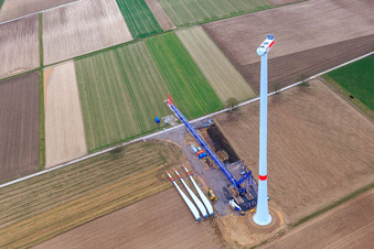 Wind turbine before rotor assembly on the construction site of EnBW's Freckenfeld wind farm in Freckenfeld in the state Rhineland-Palatinate, Germany