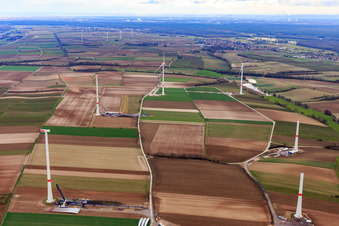 Bird's eye view of Construction site of the EnBW wind farm Freckenfeld - for wind turbine with 6 wind turbines in Freckenfeld in the state Rhineland-Palatinate, Germany