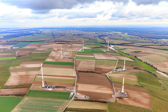 Construction site of the EnBW wind farm Freckenfeld - for wind turbine with 6 wind turbines in Freckenfeld in the state Rhineland-Palatinate, Germany viewn from the air
