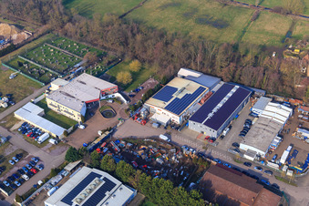 Aerial view of Buschurweg with Zeich Metallbau GmbH, ArcoSYS Computervertriebs GmbH, Frey Metalltechnik, owner Dipl.-Ing. Matthias Frey eK and PLAY POINT arcade in the district Minderslachen in Kandel in the state Rhineland-Palatinate, Germany