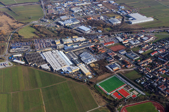 Sports field facility Edenkoben and Luitpoldstraße industrial area with Tenneco GmbH and EDEKA Kissel SBK Edenkoben in Edenkoben in the state Rhineland-Palatinate, Germany