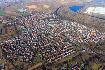 View of the town in winter from the southwest in Lingenfeld in the state Rhineland-Palatinate, Germany