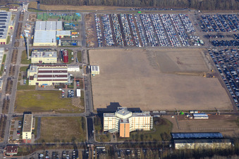 Insel Grün with vehicle storage of MOSOLF Logistics & Services GmbH in Germersheim in the state Rhineland-Palatinate, Germany