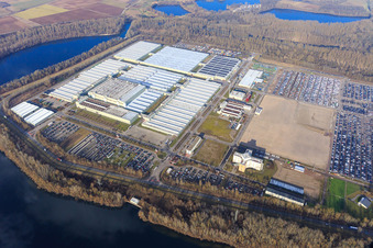 Aerial photograpy of Insel Grün with Mercedes-Benz Global Logistics Center and MOSOLF Logistics & Services GmbH in Germersheim in the state Rhineland-Palatinate, Germany