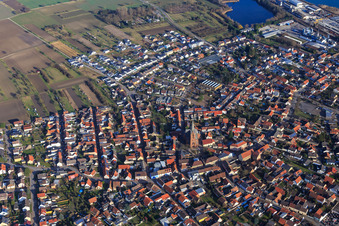 Village overview from the southeast in the district Rheinsheim in Philippsburg in the state Baden-Wuerttemberg, Germany