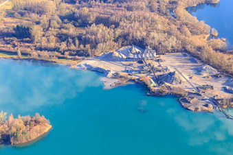 Aerial view of Gravel works of Philipp & Co. GmbH & Co. KG at the Hardtsee quarry lake in the district Neudorf in Graben-Neudorf in the state Baden-Wuerttemberg, Germany