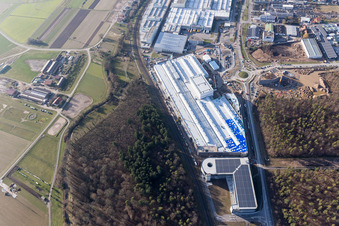 Aerial view of Extension - new building - construction site on the factory premises of SEW-EURODRIVE GmbH & Co KG in Graben-Neudorf in the state Baden-Wurttemberg, Germany