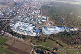 Oblique view of Extension - new building - construction site on the factory premises of SEW-EURODRIVE GmbH & Co KG in Graben-Neudorf in the state Baden-Wurttemberg, Germany
