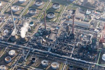 Aerial view of MIRO oil refinery in the district Knielingen in Karlsruhe in the state Baden-Wuerttemberg, Germany