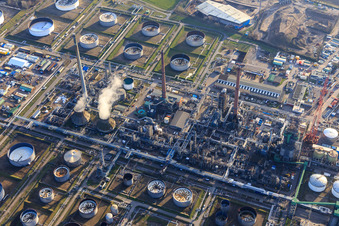 Aerial view of Chimneys of the MIRO oil refinery in the district Knielingen in Karlsruhe in the state Baden-Wuerttemberg, Germany