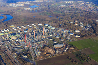 Aerial view of BEB Bioenergie Baden GmbH and Peter Gross Umwelt GmbH & Co. KG in front of the MIRO oil refinery in the district Knielingen in Karlsruhe in the state Baden-Wuerttemberg, Germany
