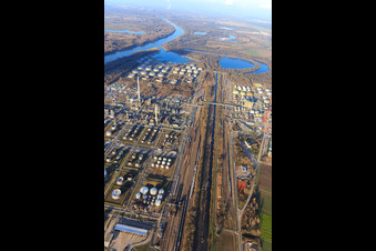 Aerial view of Railway tracks, tanks and facilities of the MIRO oil refinery in the district Knielingen in Karlsruhe in the state Baden-Wuerttemberg, Germany