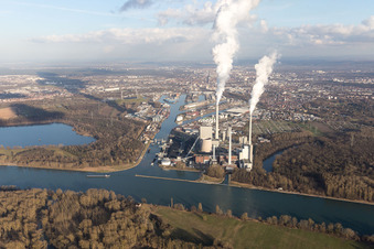Aerial view of Rhine harbor in the district Daxlanden in Karlsruhe in the state Baden-Wuerttemberg, Germany