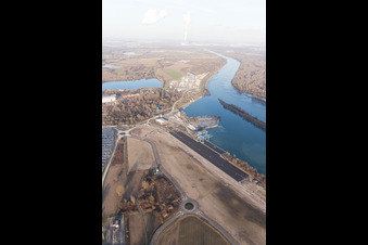 Aerial view of New Rhine port in Lauterbourg in the state Bas-Rhin, France