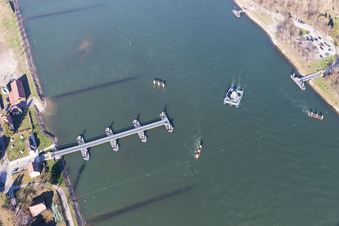 Aerial photograpy of Ride a ferry ship Solar-Rhine ferry in Plittersdorf in the state Baden-Wurttemberg, Germany